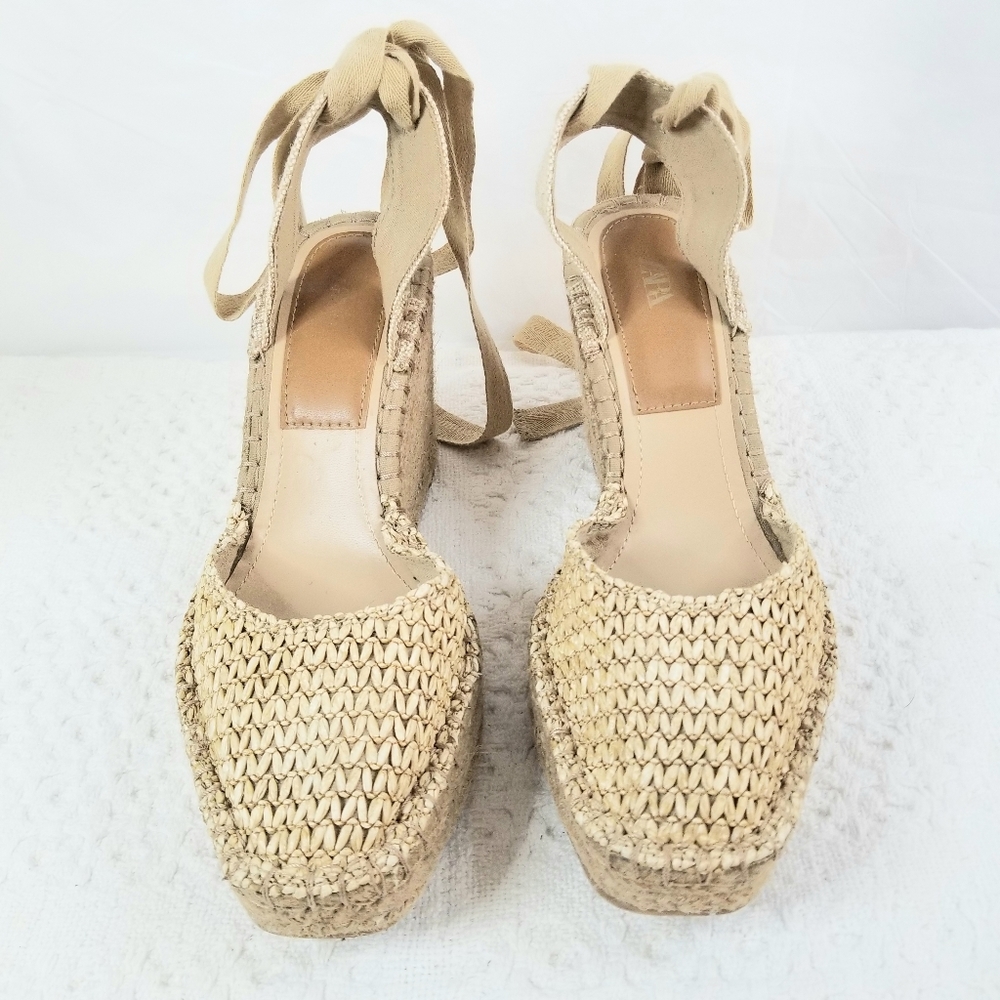 Zara Tan   Fabric with Jute Wedge Platform Heels  Espadrille Sandals, US 10.5